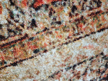 A close-up of a textured area rug with a traditional pattern in beige, brown, red, and black.