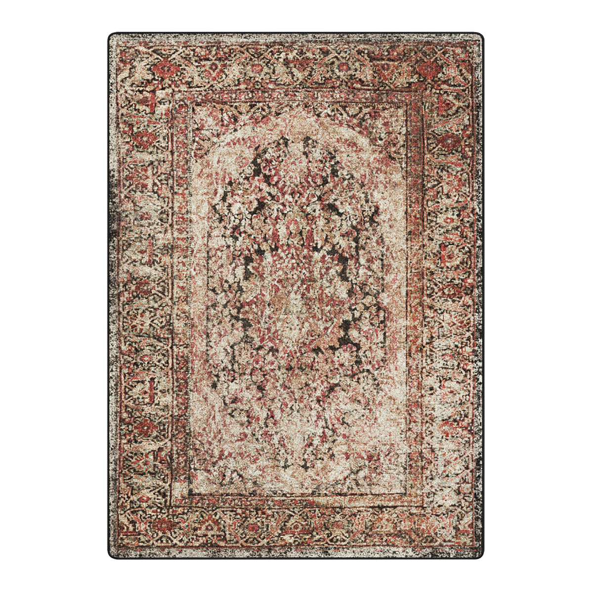A rectangular vintage-style area rug with an ornate central medallion and detailed floral border, shown flat against a plain white background.