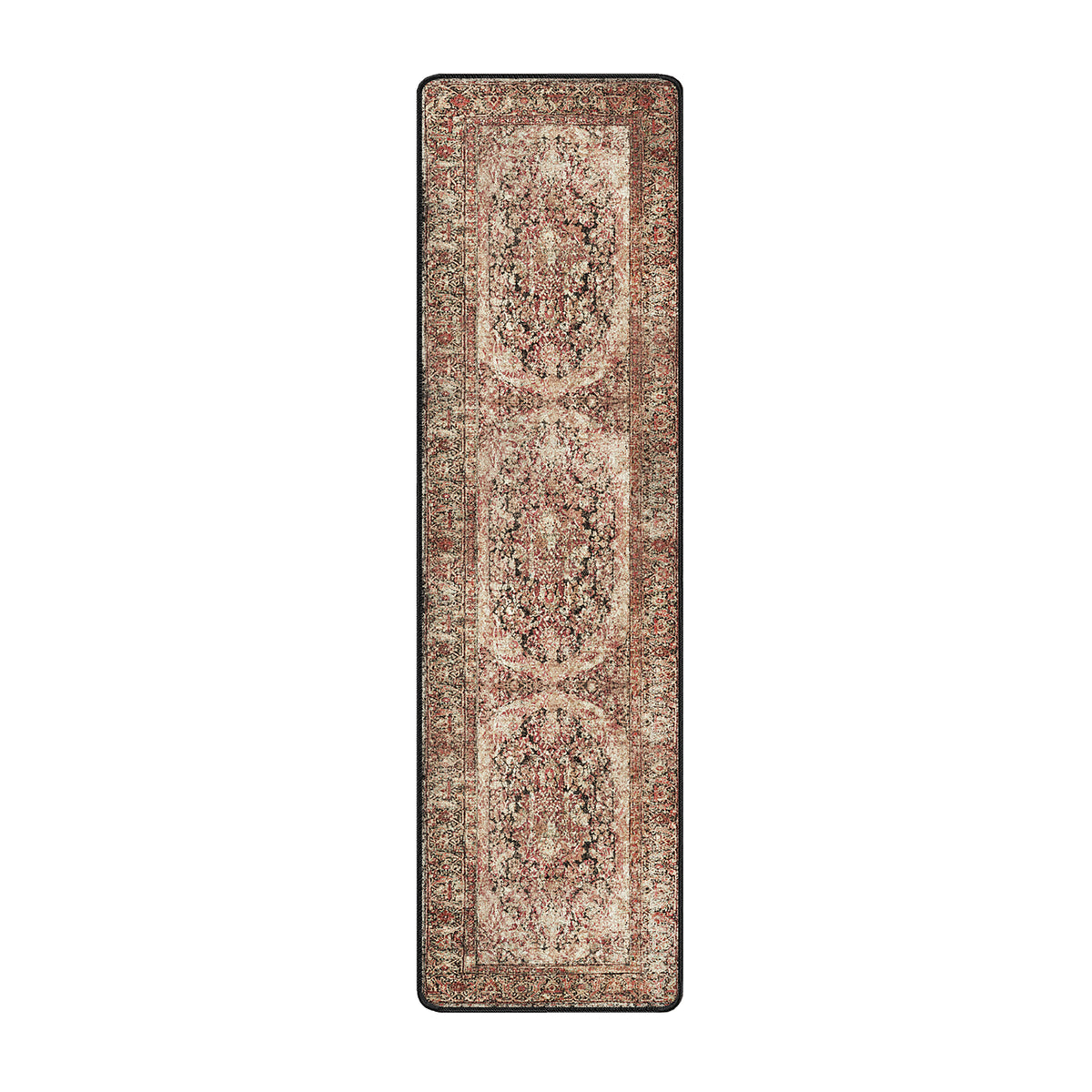 A long rectangular runner rug with an ornate traditional pattern in muted beige, rust red, brown, and black, shown flat against a solid white background.