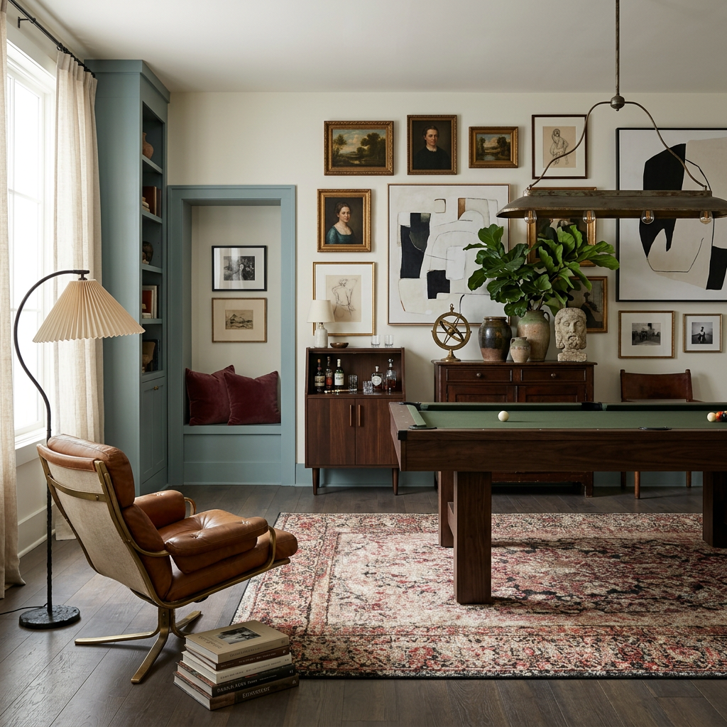 A styled interior room featuring a brown leather armchair, a wooden pool table with a green felt surface, a large patterned area rug, a floor lamp, and a wall gallery of framed art in a warm, upscale setting.
