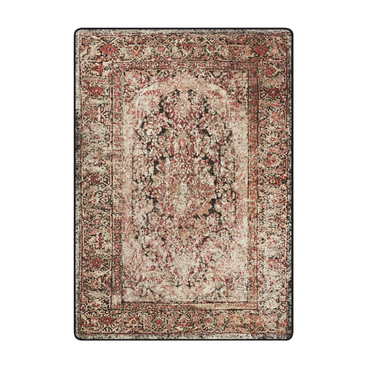 A rectangular vintage-style area rug with an ornate distressed pattern in muted red, beige, brown, and black tones, shown flat against a plain white background.