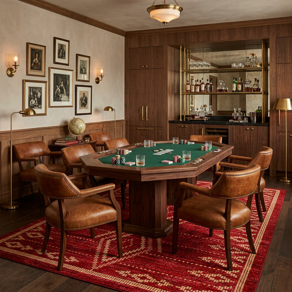 A luxury octagonal wooden game table with a green felt playing surface, surrounded by eight brown leather armchairs, set on a red patterned area rug in a richly decorated wood-paneled room.