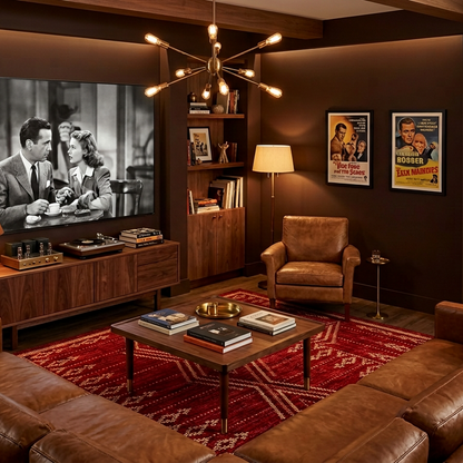A styled home theater living room with a brown leather sectional sofa, matching armchair, wooden media console, coffee table, red patterned rug, and a large wall-mounted television displaying a black-and-white classic film. Two vintage movie posters hang on the wall, and a multi-arm chandelier hangs above.