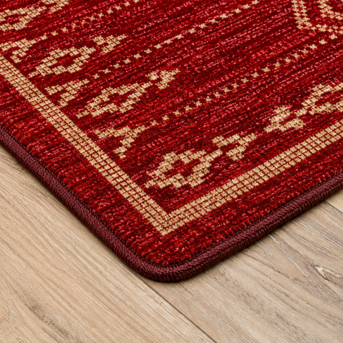 ruby red lady luck area rug corner detail with texture and surge