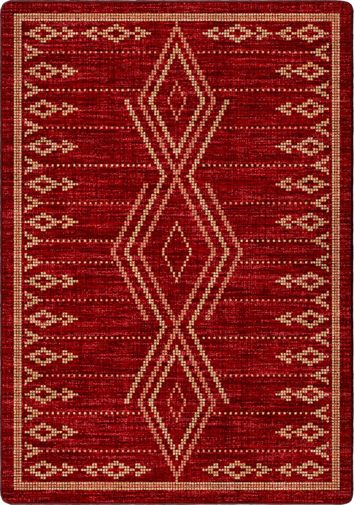 A square area rug with a deep red background and a geometric diamond pattern in a light beige or cream color.