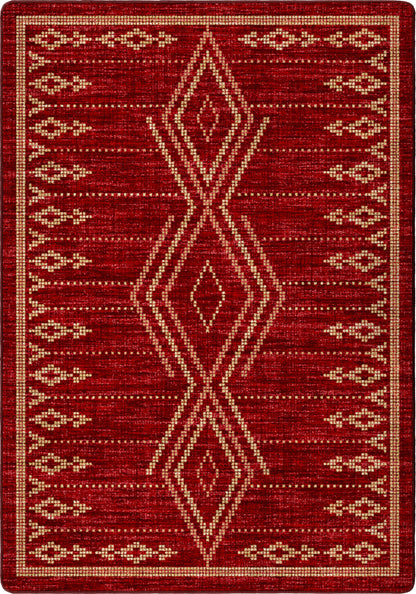 A square area rug with a deep red background and a geometric diamond pattern in a light beige or cream color.