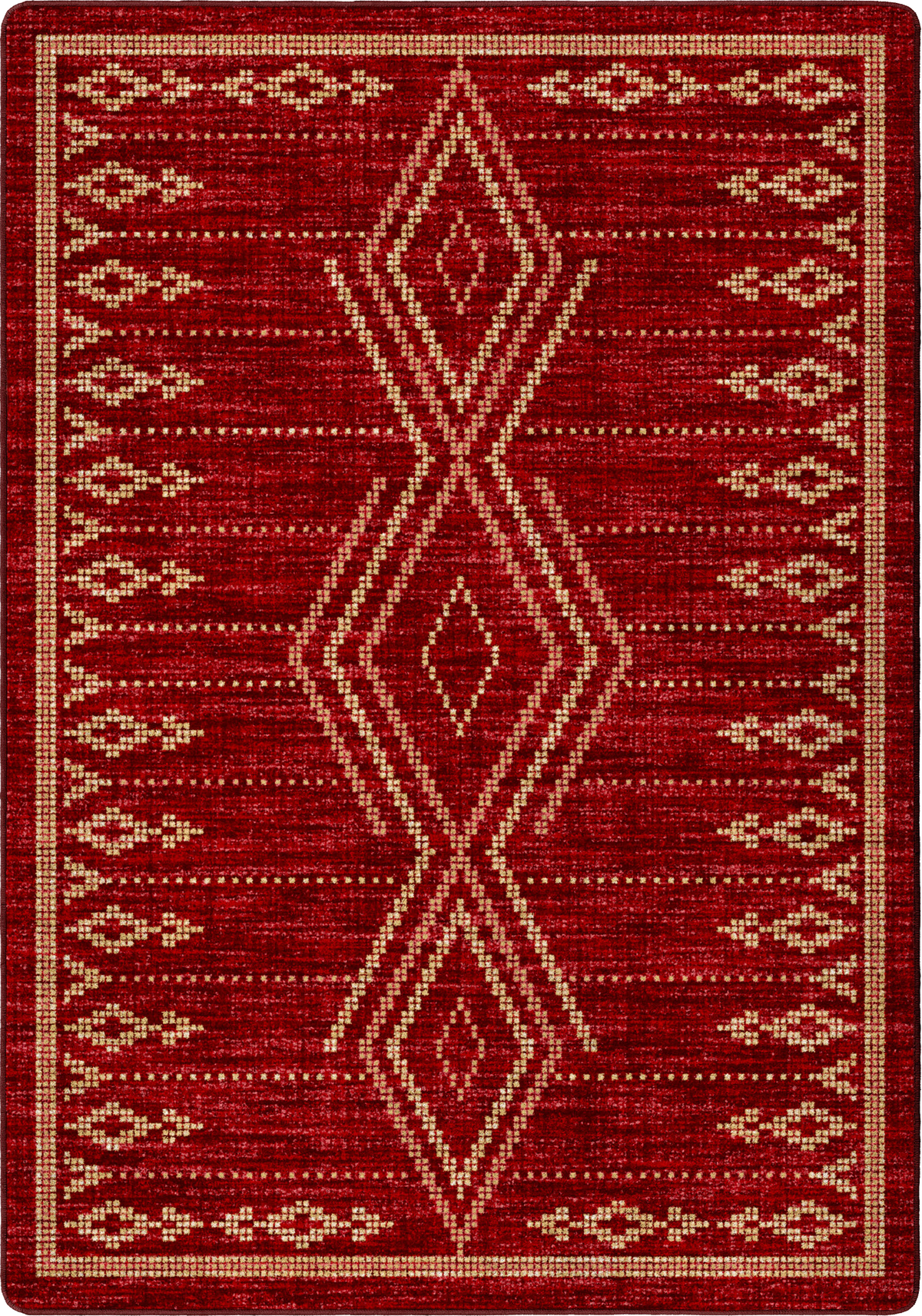 A square area rug with a deep red background and a central geometric diamond motif in a light tan or beige color.