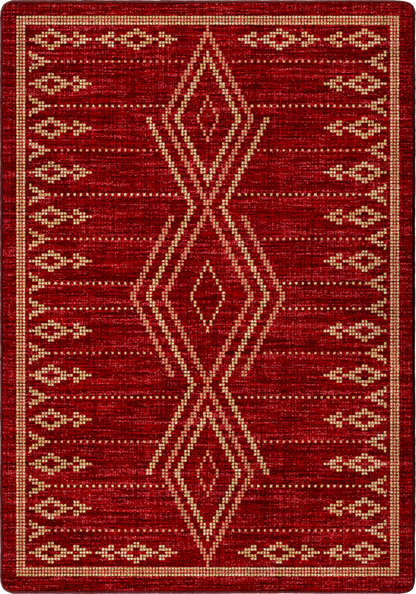 A square area rug with a deep red background and a central geometric diamond motif in a light tan or beige color.
