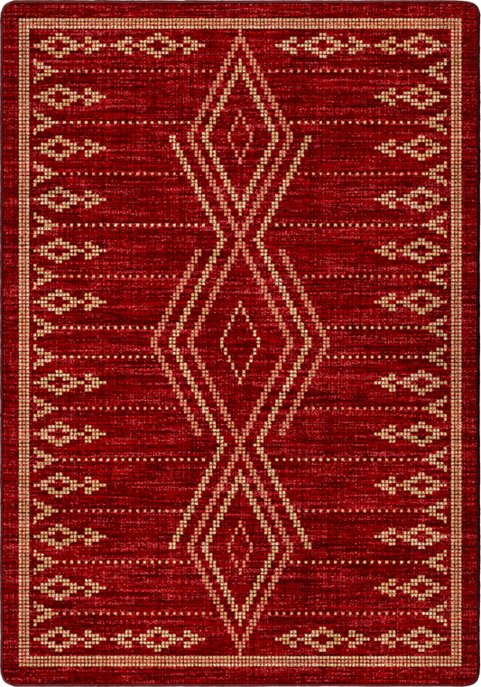 A square area rug with a deep red background and a central geometric diamond motif in a light tan or beige color.