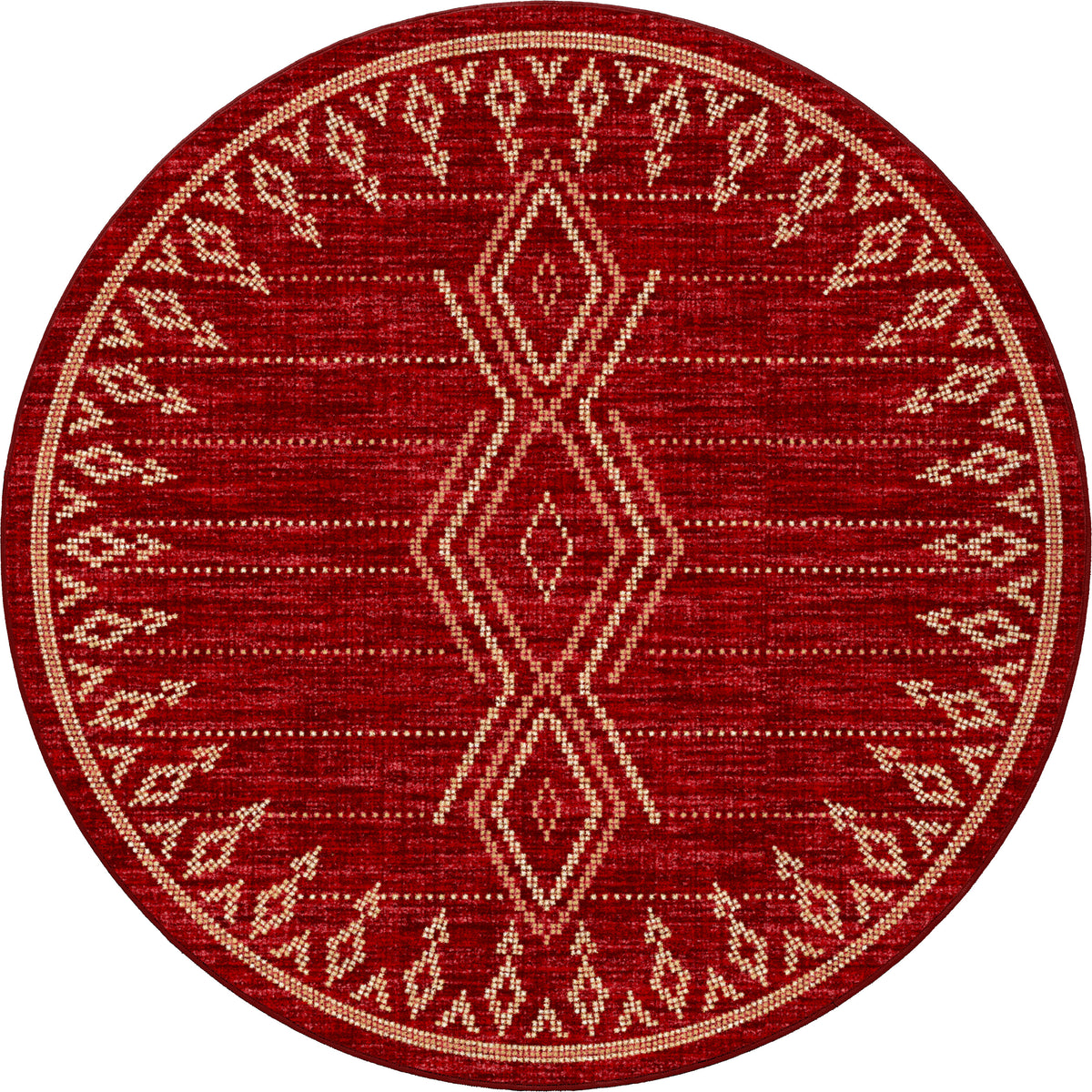 Round red rug with geometric pattern on a white background