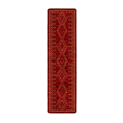 A long, narrow red runner rug with a geometric diamond pattern in a contrasting light tan or beige, shown flat against a plain white background.