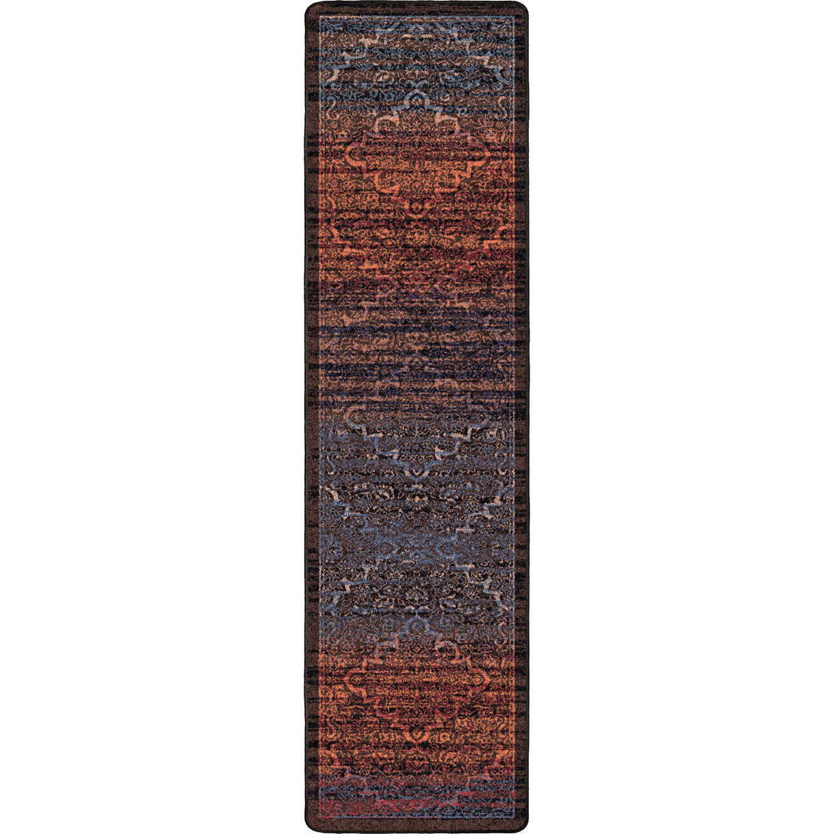 Last Call area rug runner 2x8 in shades of navy purple blue and rust bright orange rugged wash over a persian design modern but traditional and classic.