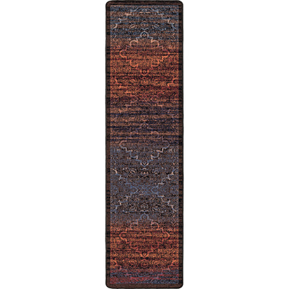 Last Call area rug runner 2x8 in shades of navy purple blue and rust bright orange rugged wash over a persian design modern but traditional and classic.