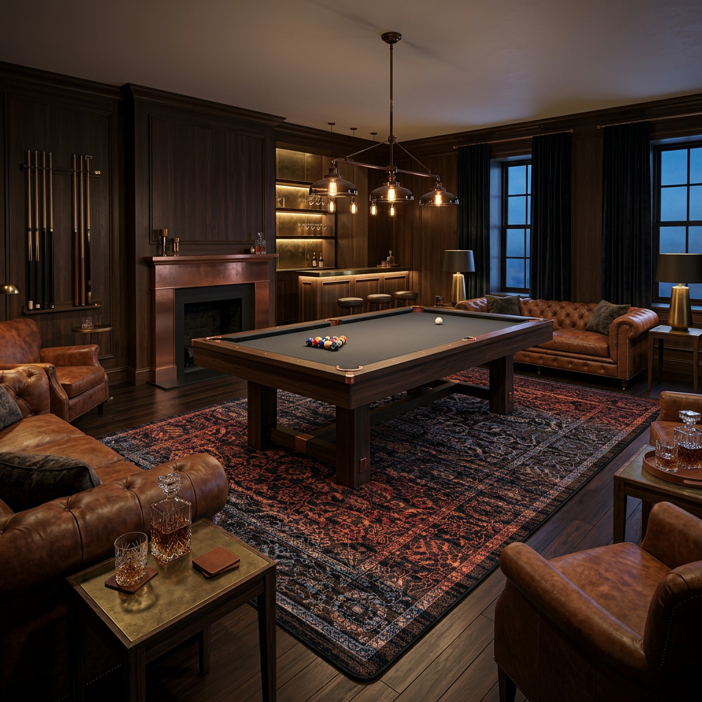 Last Call area rug: a luxurious dark wood-paneled game room featuring a central ppool table on a large patterned rug, surrounded by leather armchairs, a Chesterfield sofa, a bar area in the background, and…
