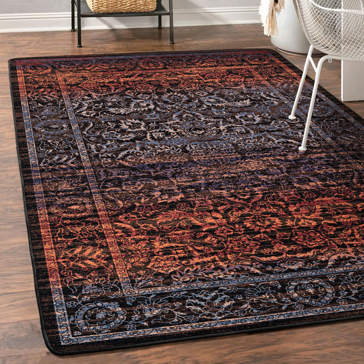 Last Call area rug made of for game and rec rooms in shades of navy purple blue and rust bright orange rugged wash over a persian design modern but traditional and classic rectangle design in modern office…