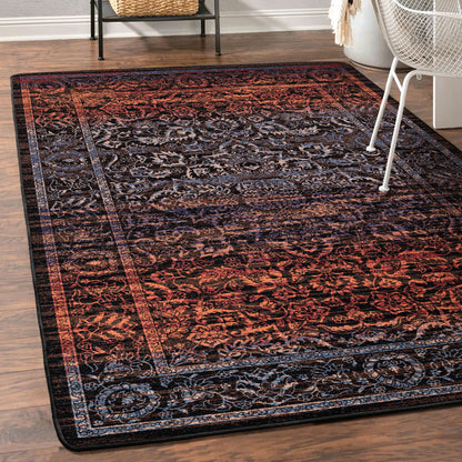 Last Call area rug made of for game and rec rooms in shades of navy purple blue and rust bright orange rugged wash over a persian design modern but traditional and classic rectangle design in modern office…