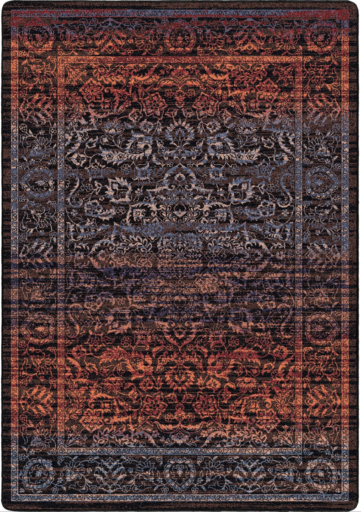 Last Call area rug: a rectangular area rug with an ornate traditional floral pattern in dark navy, rust red, and black tones.