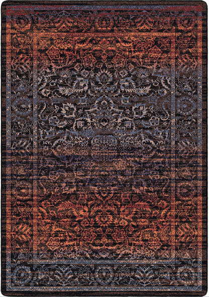 Last Call area rug: a rectangular area rug with an ornate traditional floral pattern in dark navy, rust red, and black tones.