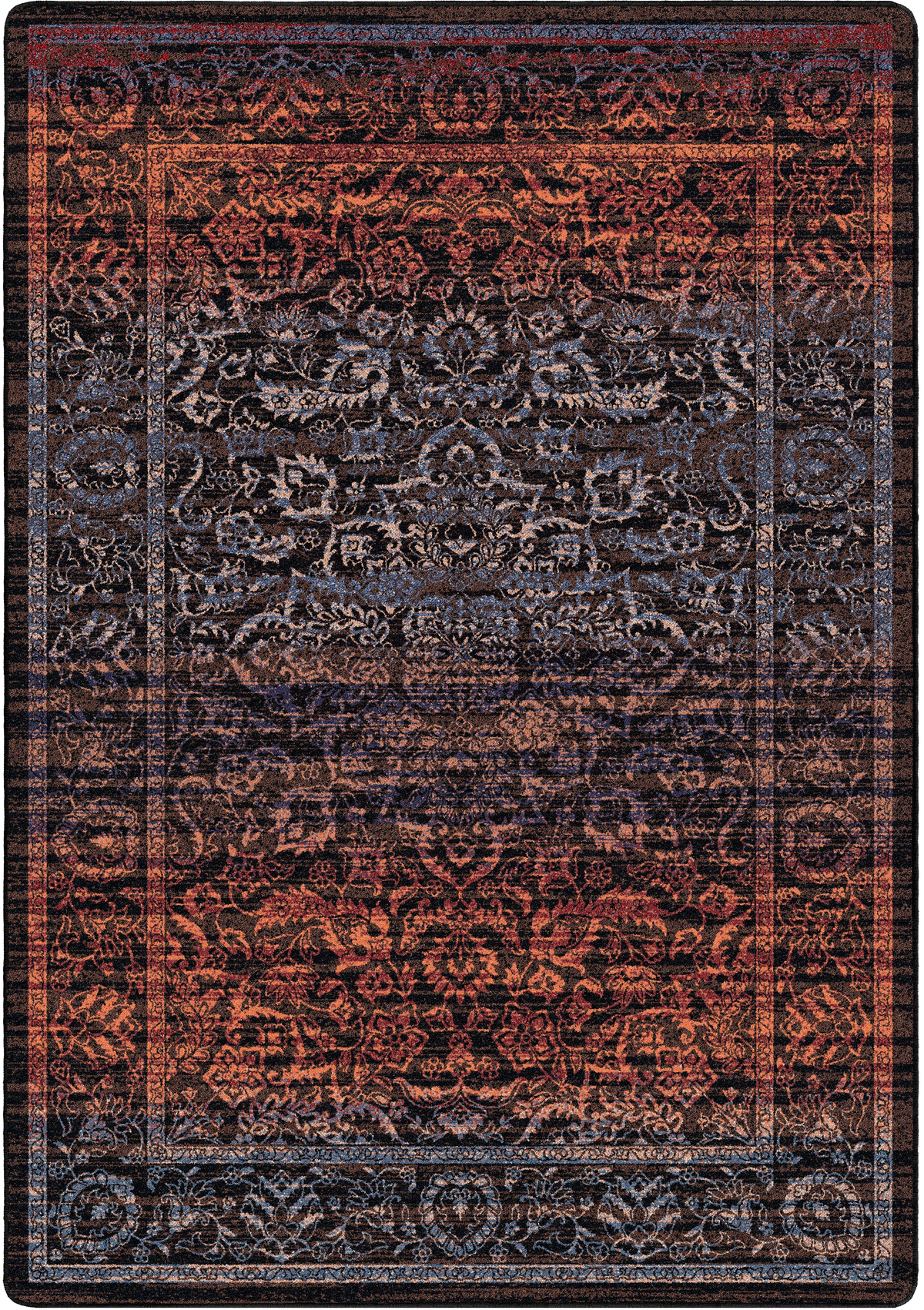 A rectangular area rug with an ornate traditional floral pattern in dark navy, rust red, and black.
