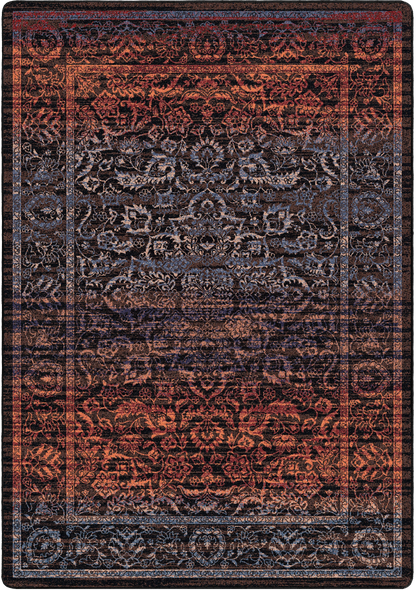 A rectangular area rug with an ornate traditional floral pattern in dark navy, rust red, and black.