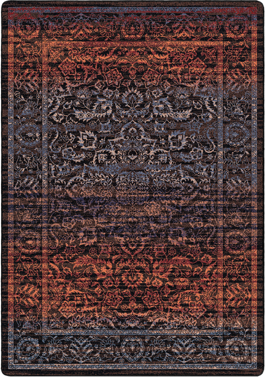 A rectangular area rug with an ornate traditional floral pattern in dark navy, rust red, and black.