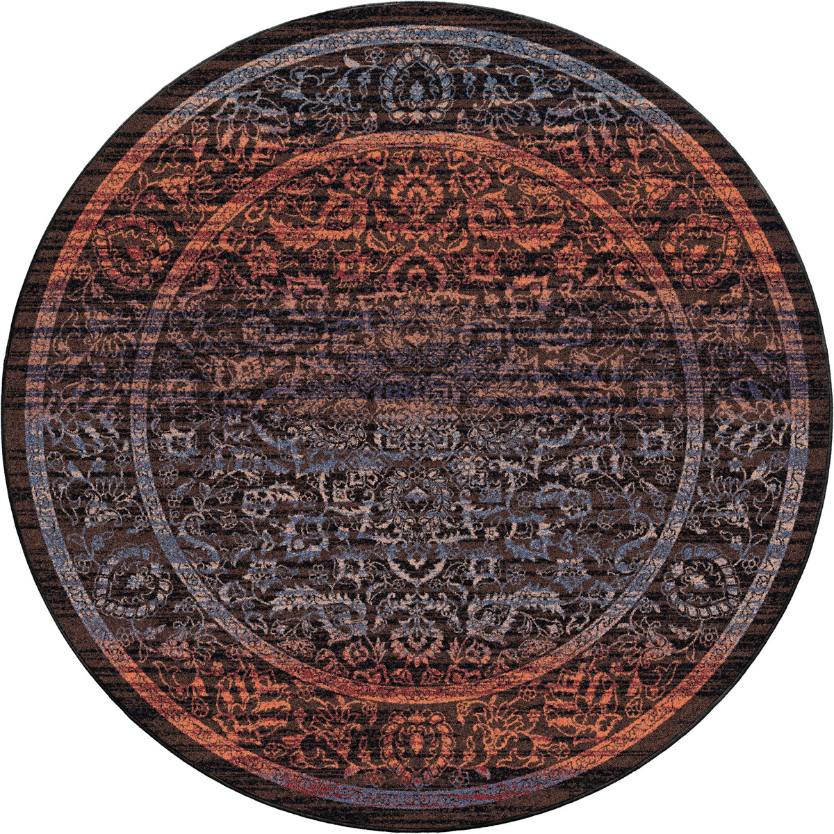 Last Call area rug made of for game and rec rooms in shades of navy purple blue and rust bright orange rugged wash over a persian design modern but traditional and classic rund design.