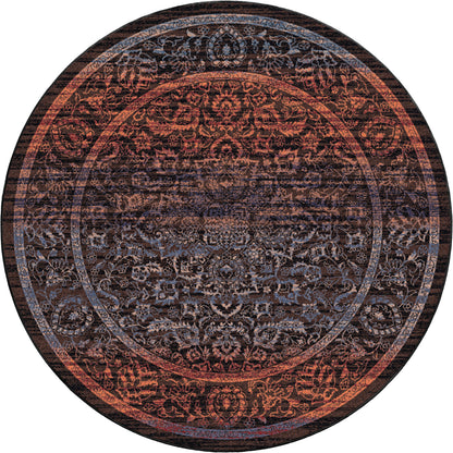 Last Call area rug made of for game and rec rooms in shades of navy purple blue and rust bright orange rugged wash over a persian design modern but traditional and classic rund design.