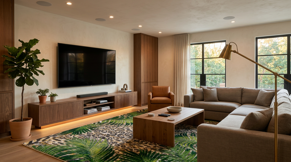 A modern living room featuring a large sectional sofa, a wooden coffee table, a green and brown patterned area rug, a wall-mounted TV, and a tall potted plant.