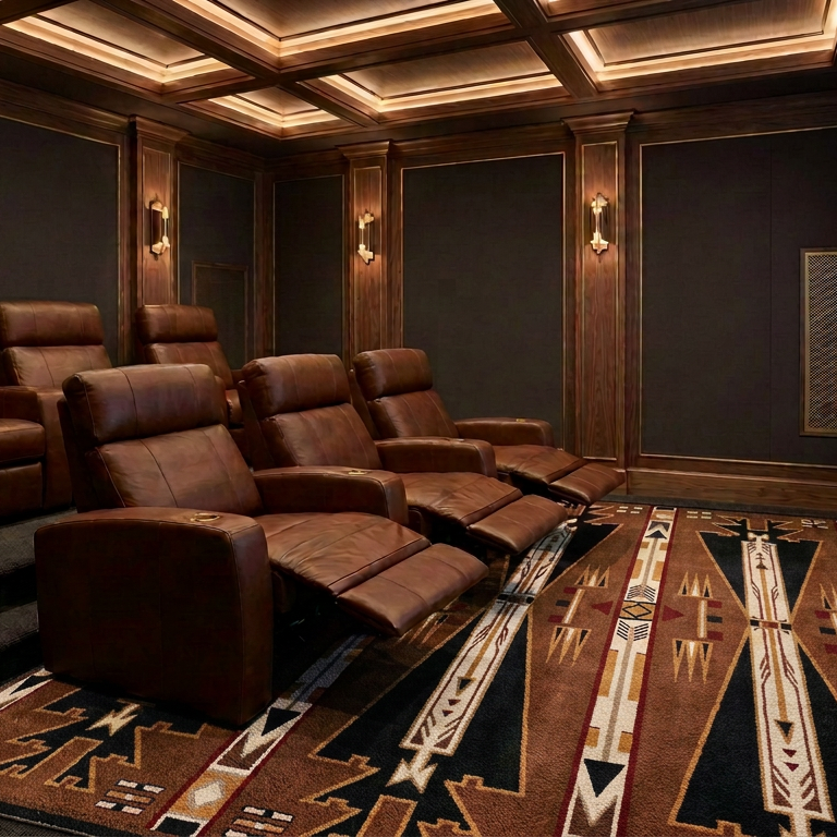 A luxury home theater with rows of brown leather recliners facing a large screen showing a black-and-white film. The room features dark wood paneling, a patterned area rug, and warm recessed lighting in the coffered ceiling.