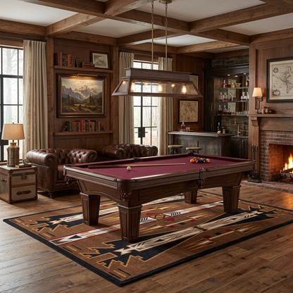 A classic wooden pool table with a burgundy felt surface is shown in a rustic, wood-paneled room with a lit fireplace, leather sofa, and a large southwestern-style area rug underneath.