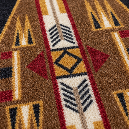 Close-up of a textured area rug with a Southwestern geometric pattern in brown, cream, mustard yellow, red, and black.