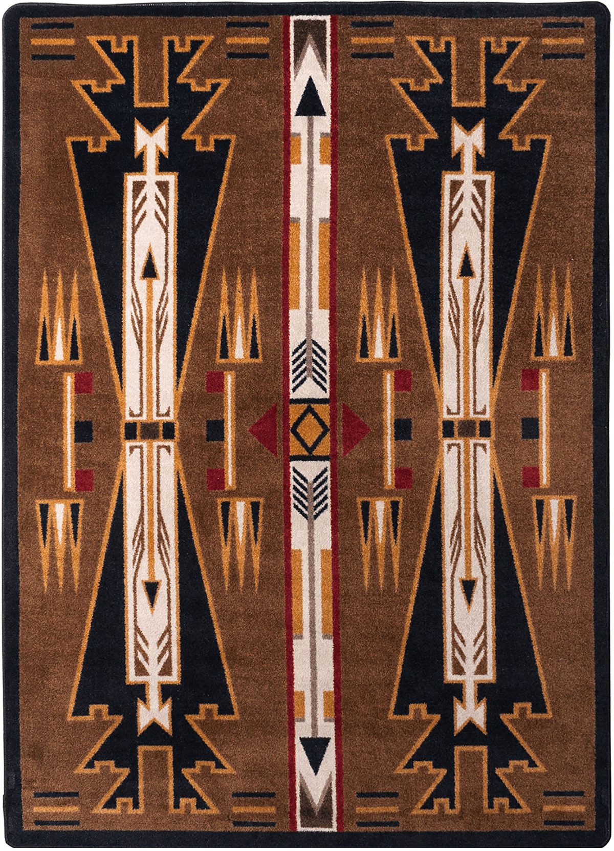 A square area rug with a Southwestern geometric pattern in brown, black, cream, and red, featuring symmetrical vertical motifs and a central border.