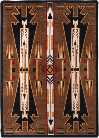 A square area rug with a Southwestern geometric pattern in brown, black, cream, and red, featuring symmetrical vertical motifs and a central border.