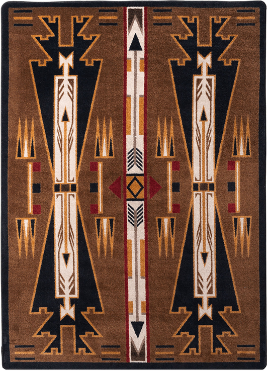 A square area rug with a Southwestern geometric pattern in brown, black, cream, and red, featuring symmetrical vertical motifs and a central border.