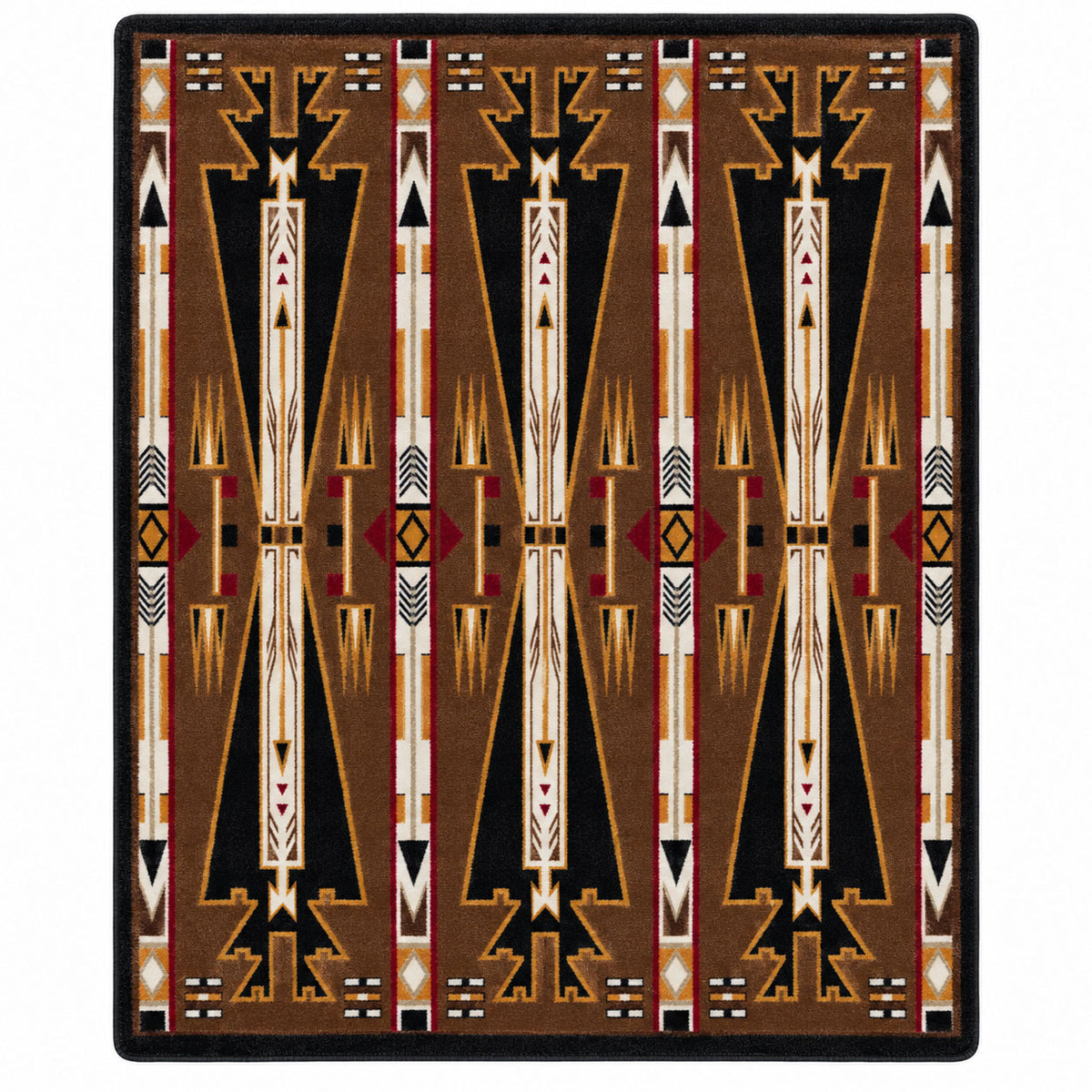 Patterned rug with geometric design on a brown background
