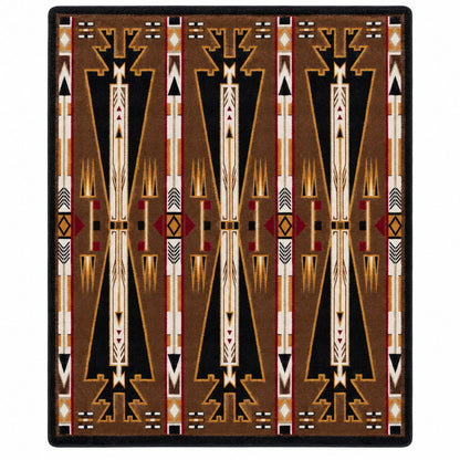 Patterned rug with geometric design on a brown background