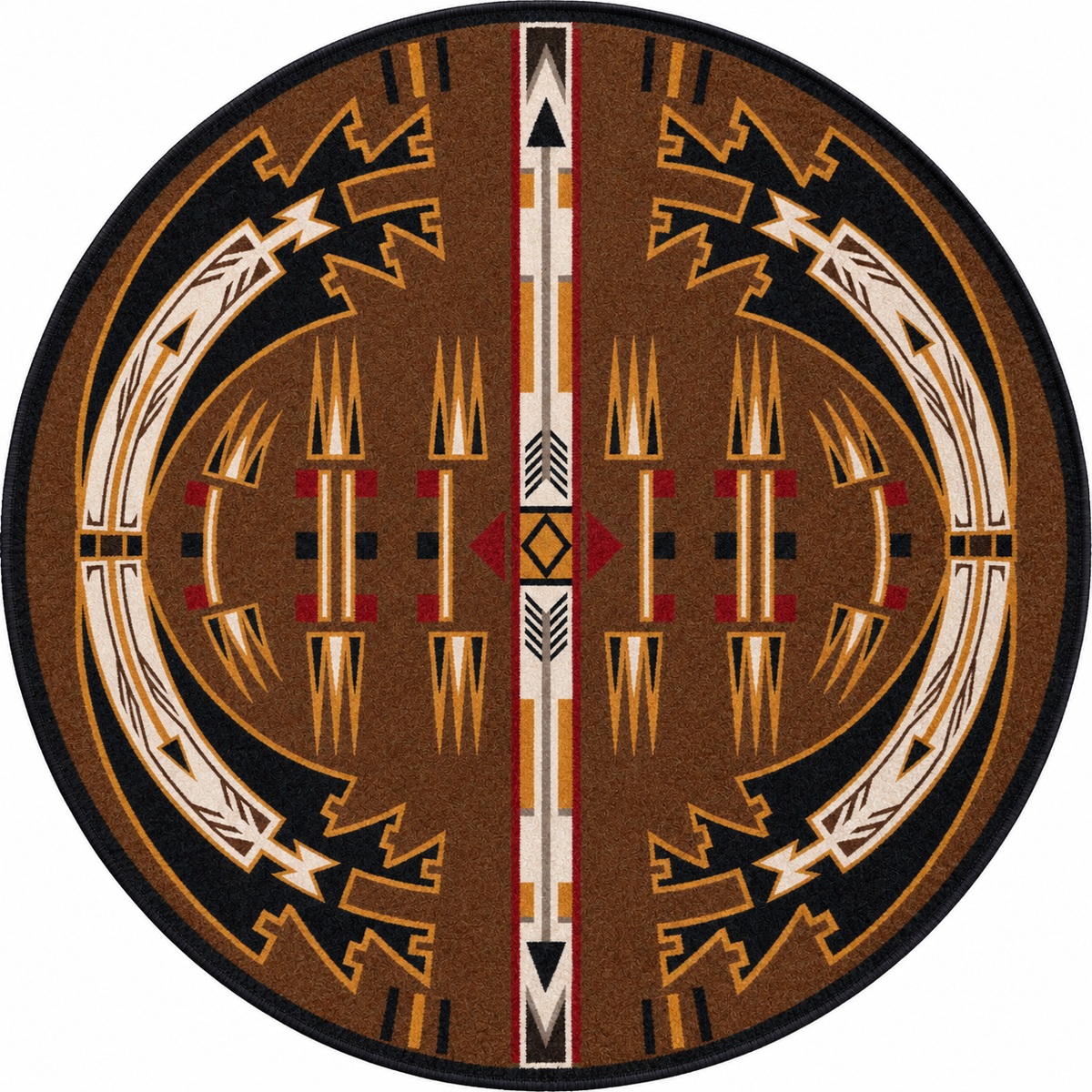 Decorative circular rug design with tribal patterns on a brown background