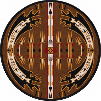 Decorative circular rug design with tribal patterns on a brown background
