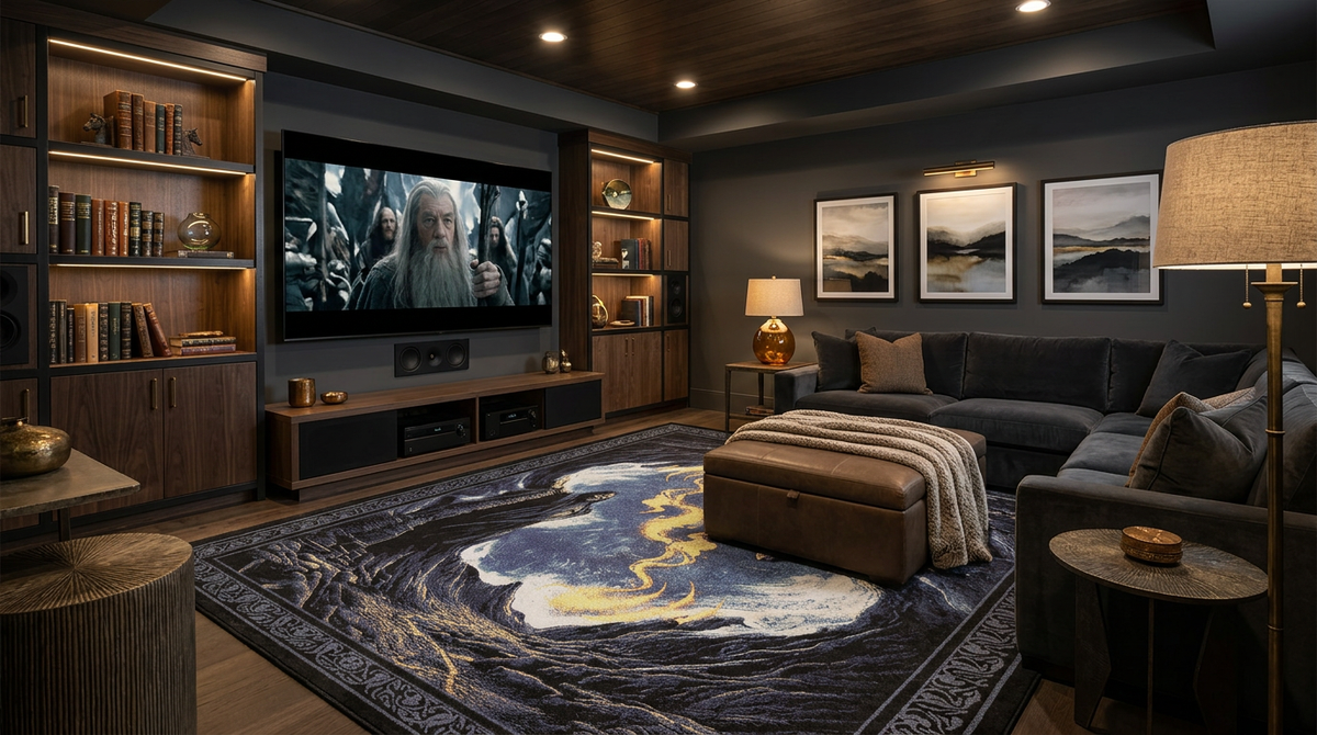 A modern home theater room with a large wall-mounted screen showing a scene, dark wood bookshelves, a dark sectional sofa, a patterned area rug, and ambient lighting.