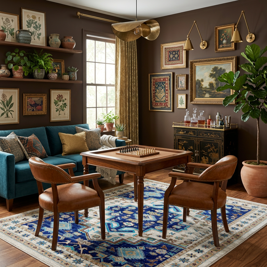 A styled interior scene with a wooden game table and two brown leather chairs on a blue patterned rug, set in a richly decorated room with a teal sofa, wall art, shelves, plants, and warm brown walls.