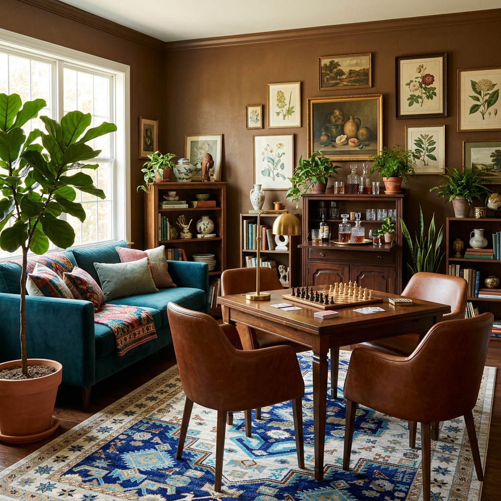 A styled interior room with a teal sofa, brown leather dining chairs, a wooden chess table, patterned rug, bookshelves, framed botanical and still-life wall art, and a large potted fiddle-leaf fig plant.