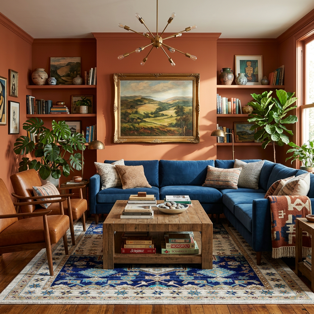 A styled living room with terracotta walls, a blue sectional sofa, a wooden coffee table, a patterned area rug, and a large framed landscape painting on the wall.