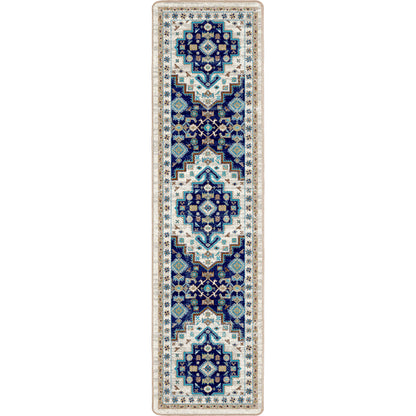 Decorative runner rug with blue and white geometric pattern on a white background