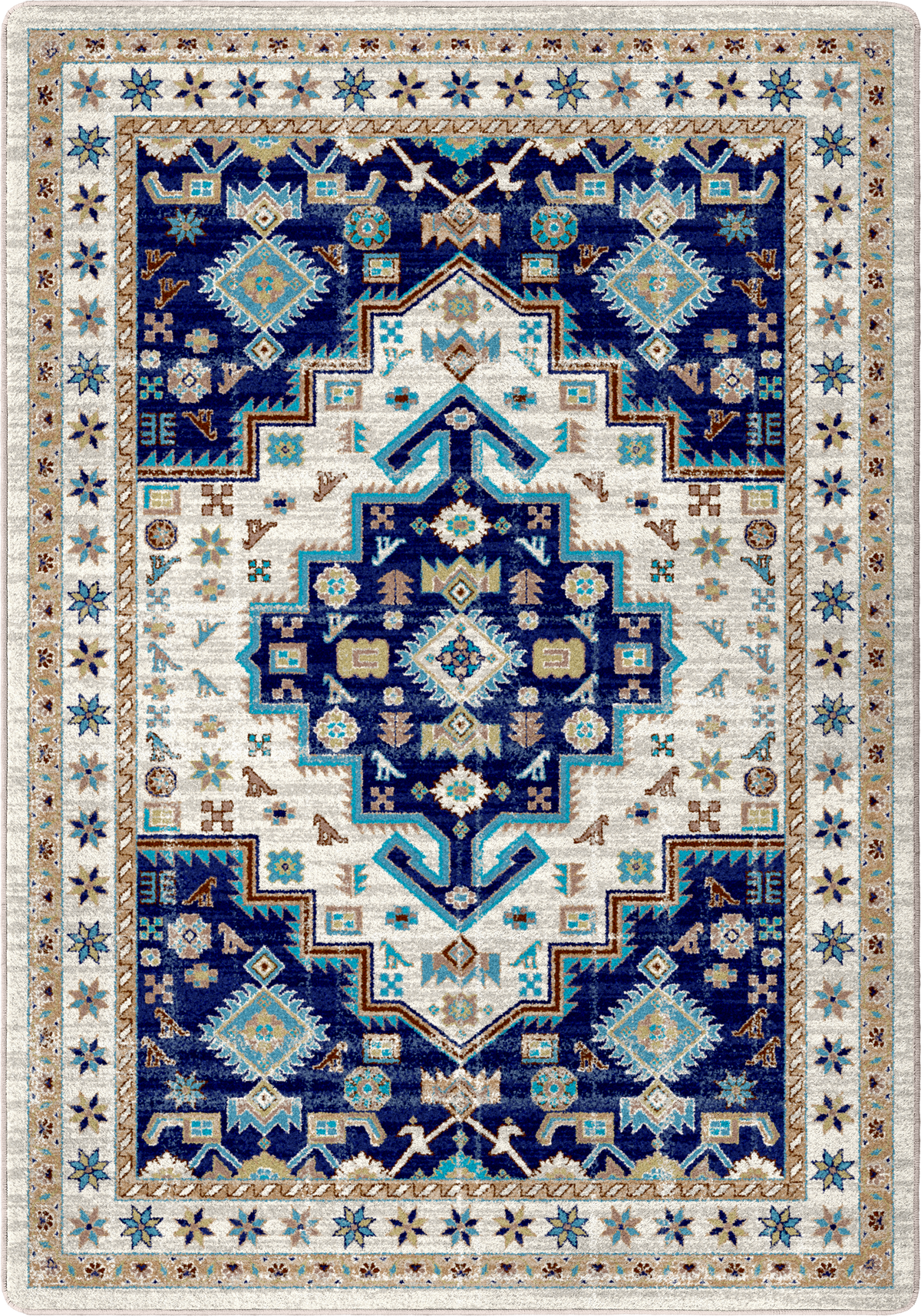 A square area rug with a traditional geometric pattern in navy blue, cream, light blue, and tan, featuring a central medallion and ornate borders.