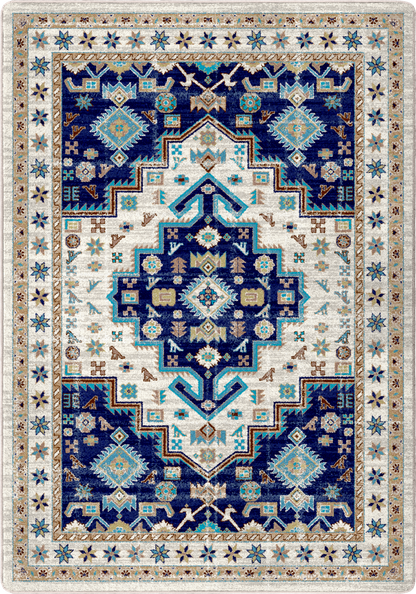 A square area rug with a traditional geometric pattern in navy blue, cream, light blue, and tan, featuring a central medallion and ornate borders.
