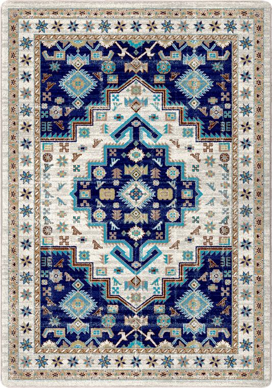 A square area rug with a traditional geometric pattern in navy blue, cream, light blue, and tan, featuring a central medallion and ornate borders.