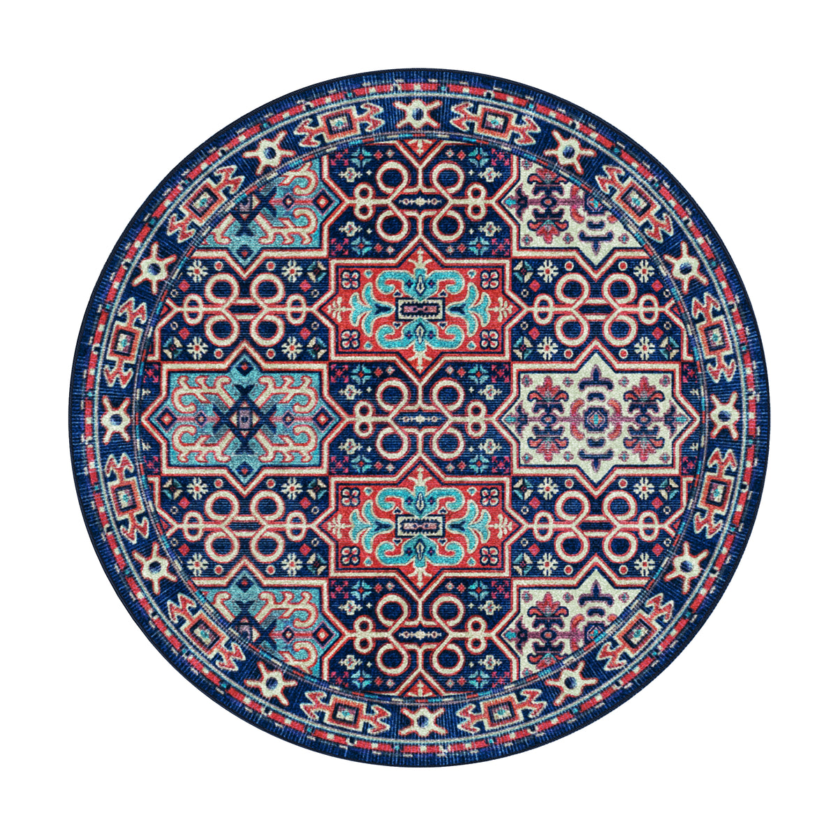 A round area rug with an intricate traditional geometric pattern in navy blue, red, light blue, and cream, shown from a top-down view on a solid white background.