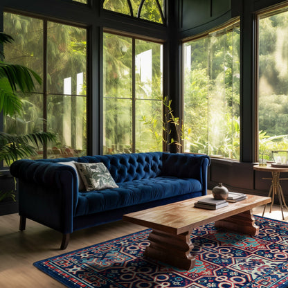 A luxurious deep blue velvet tufted sofa in a sunlit room with tall windows overlooking a lush green garden. The sofa is styled with a patterned throw pillow, set next to a wooden coffee table on a colorful patterned rug.