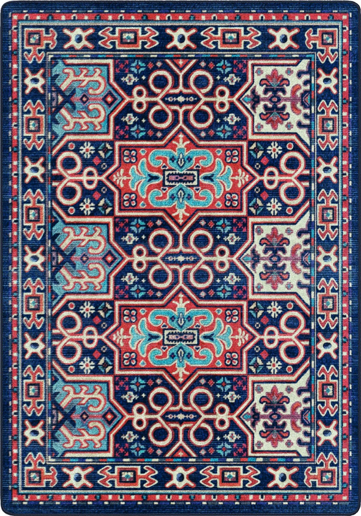 A square area rug with a traditional ornate pattern in navy blue, red, light blue, and cream, filling the entire frame.