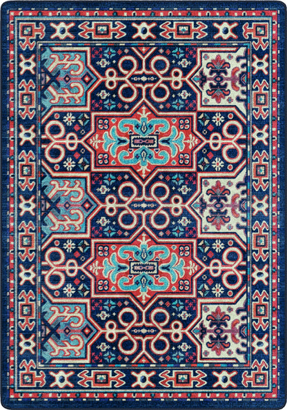 A square area rug with a traditional ornate pattern in navy blue, red, light blue, and cream, filling the entire frame.